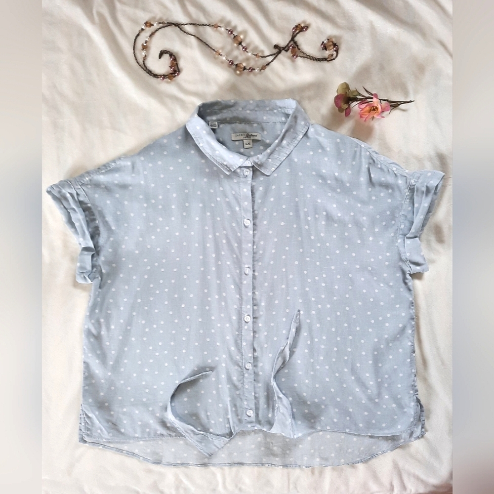 JACHS Linen Girlfriend Pale Blue and White Polka Dot Tie-Up Shirt